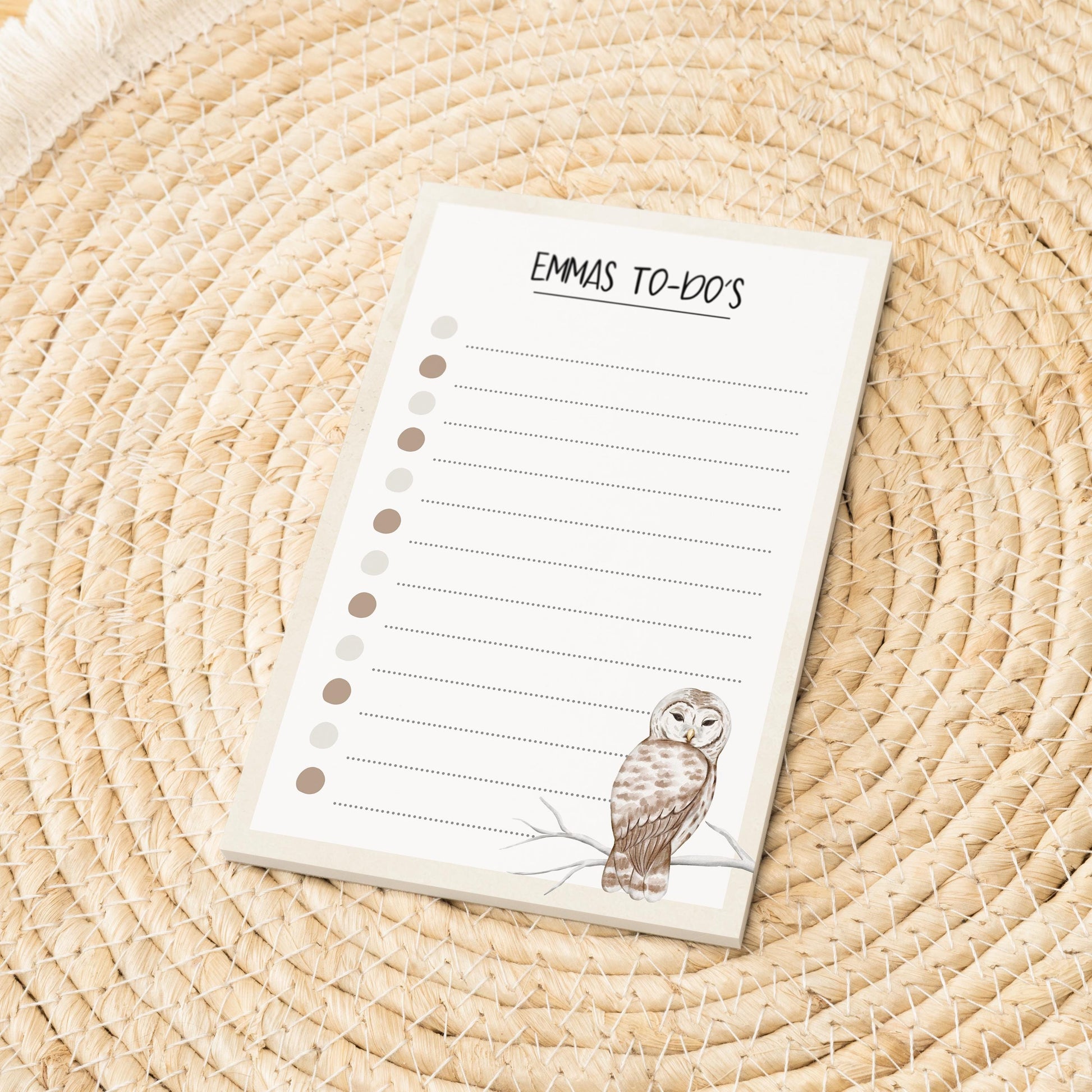 Notizblock Eule Vogel Design, 10x15 cm, 50 Blatt mit Leimbindung, personalisierbar mit Namen, Handmade, Geschenk Ornithologe