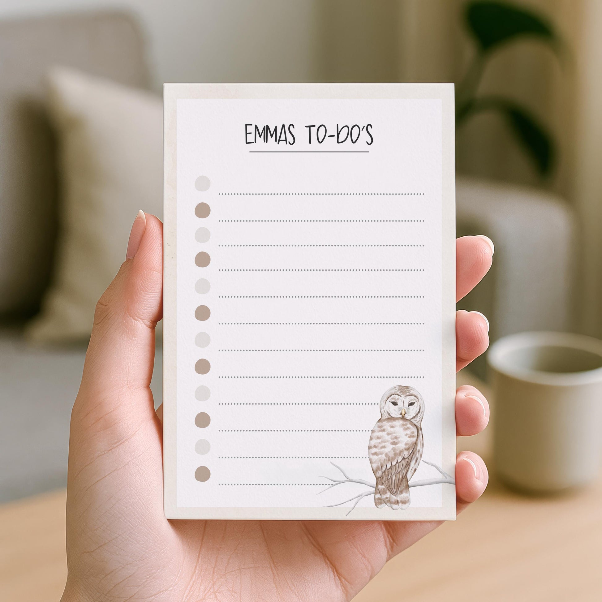 Notizblock Eule Vogel Design, 10x15 cm, 50 Blatt mit Leimbindung, personalisierbar mit Namen, Handmade, Geschenk Ornithologe