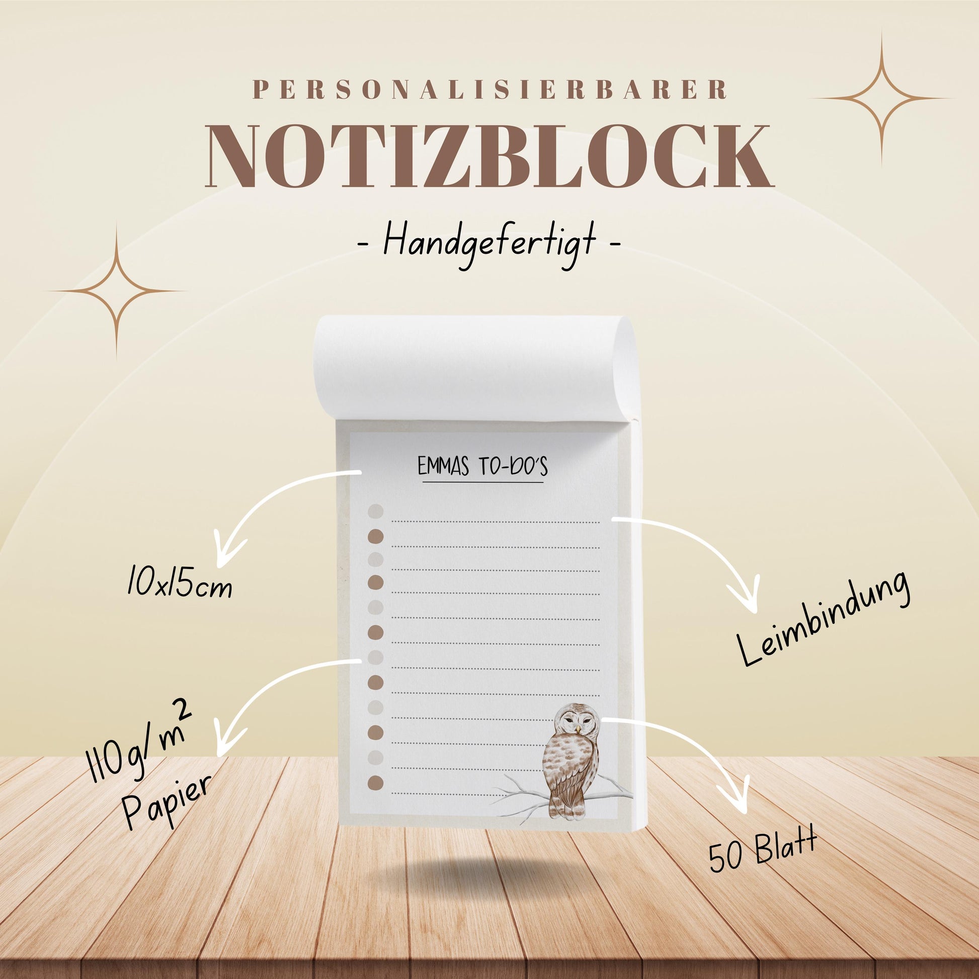 Notizblock Eule Vogel Design, 10x15 cm, 50 Blatt mit Leimbindung, personalisierbar mit Namen, Handmade, Geschenk Ornithologe