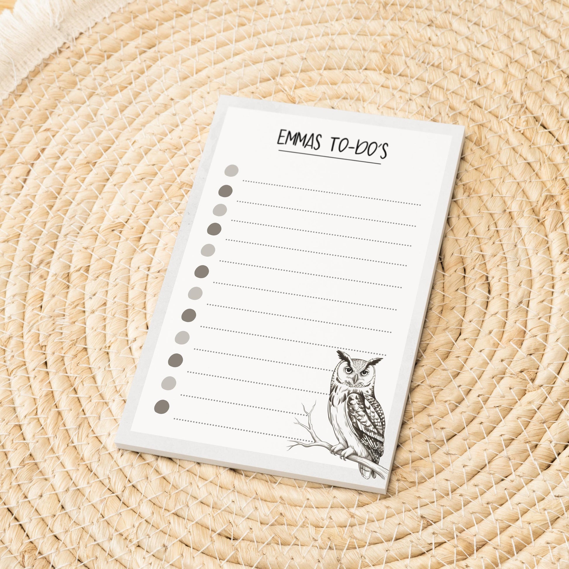 Notizblock Waldohreule Eule Design, 10x15 cm, 50 Blatt mit Leimbindung, personalisierbar mit Namen, Handmade, Geschenk Ornithologe