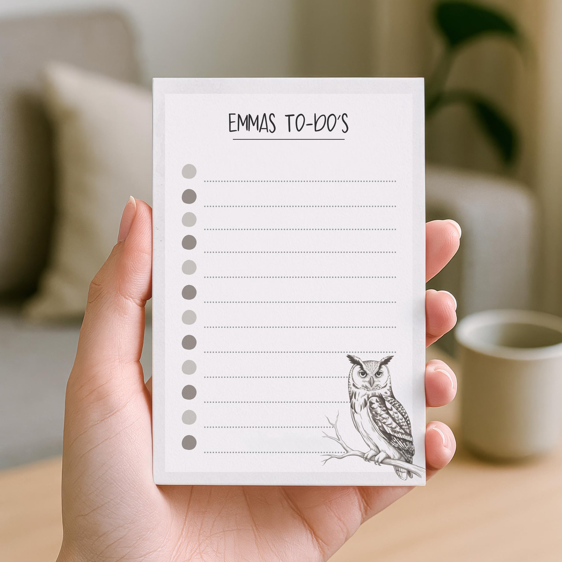 Notizblock Waldohreule Eule Design, 10x15 cm, 50 Blatt mit Leimbindung, personalisierbar mit Namen, Handmade, Geschenk Ornithologe