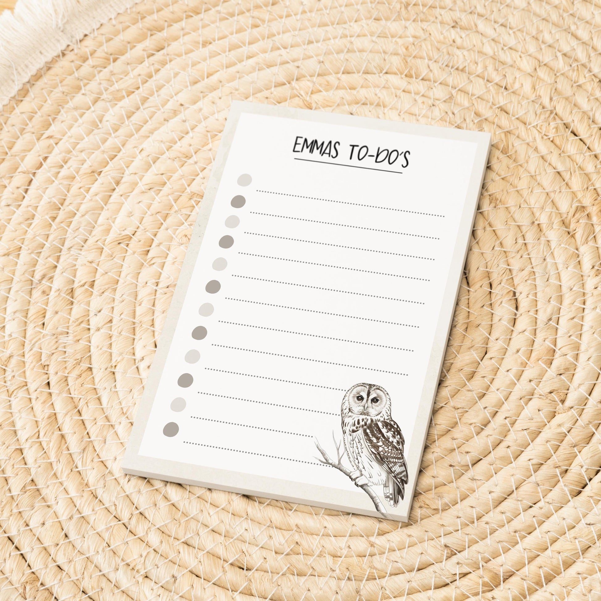 Notizblock Waldkauz Eule Design, 10x15 cm, 50 Blatt mit Leimbindung, personalisierbar mit Namen, Handmade, Geschenk Ornithologe