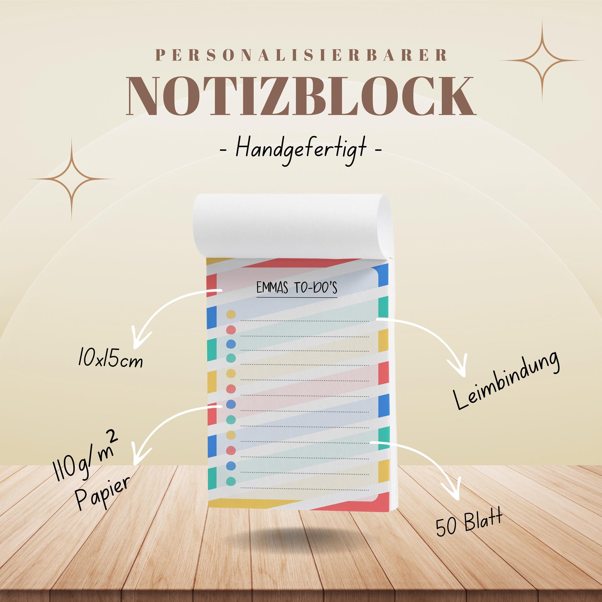 Notizblock Streifen Design, 10x15 cm, 50 Blatt mit Leimbindung, personalisierbar mit Namen, Handmade