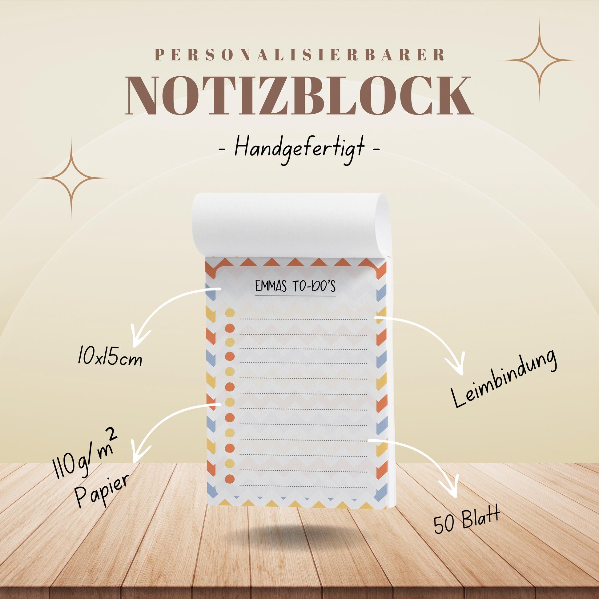 Notizblock ZickZack Design, 10x15 cm, 50 Blatt mit Leimbindung, personalisierbar mit Namen, Handmade