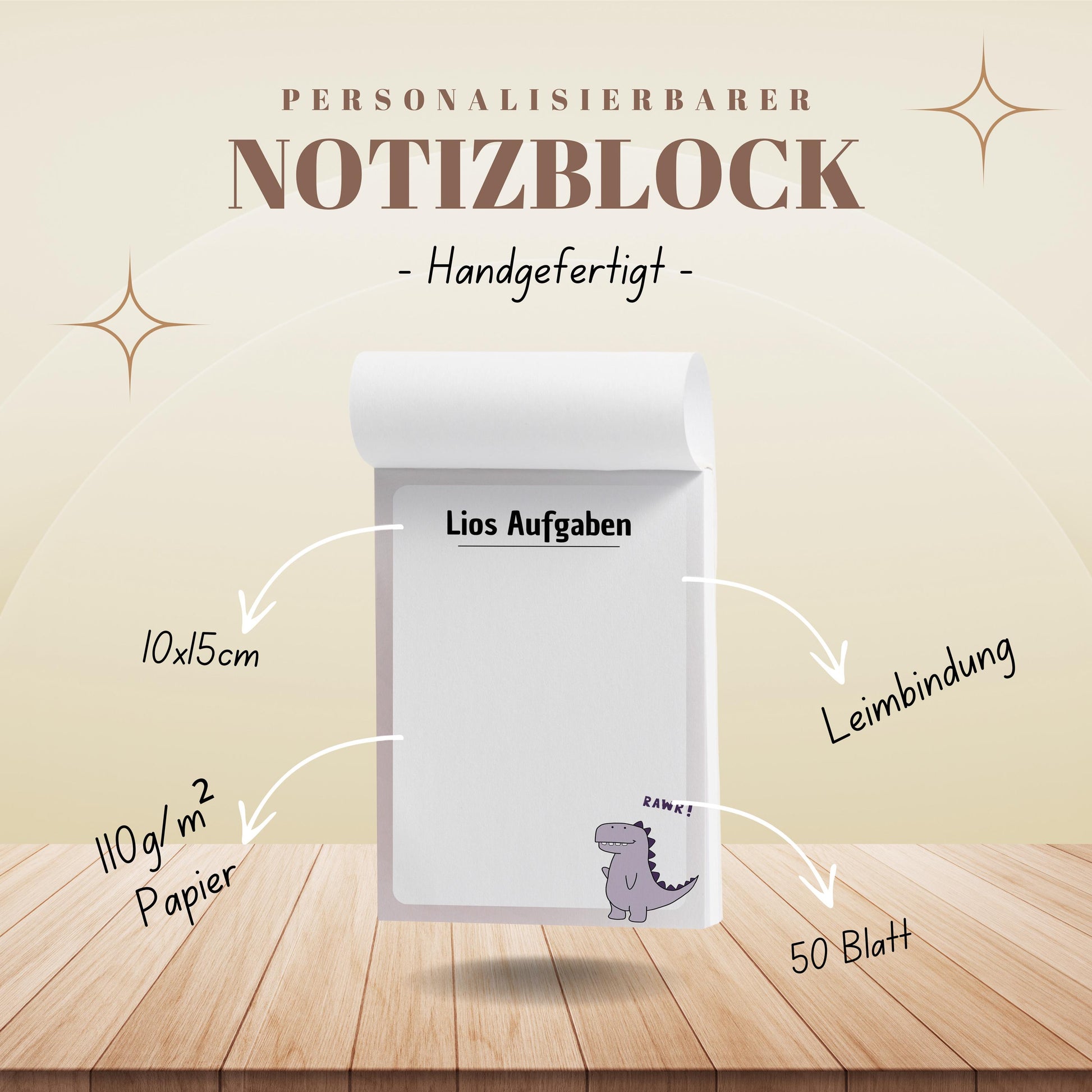 Notizblock Dino Design, 10x15 cm, 50 Blatt mit Leimbindung, personalisierbar mit Namen, Handmade, To Do Liste für Kinder