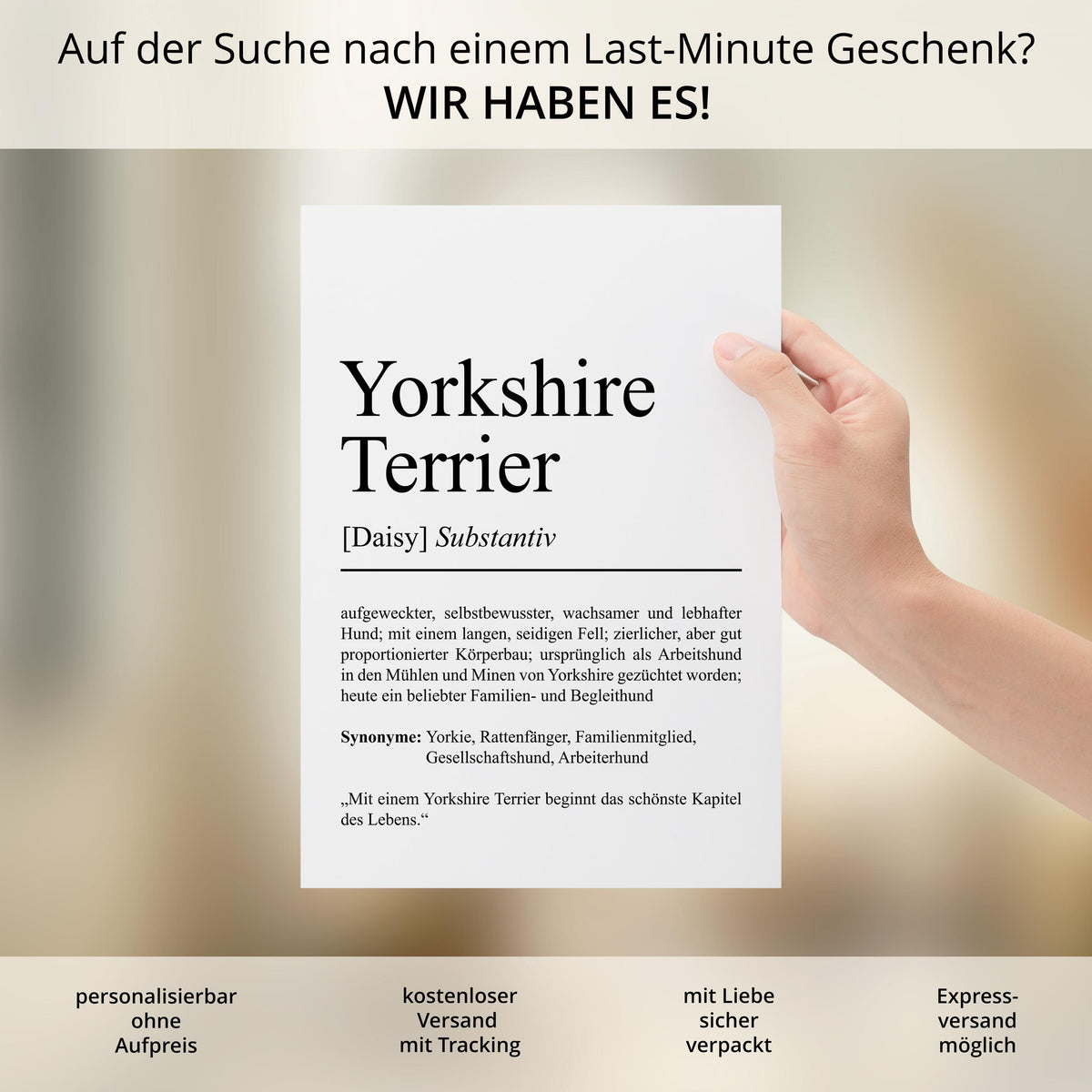 Yorkshire Terrier Definition Poster personalisierbar mit Name Hunde Rasse Poster Geschenk Hundebesitzer Einzug Geburtstag Geschenk