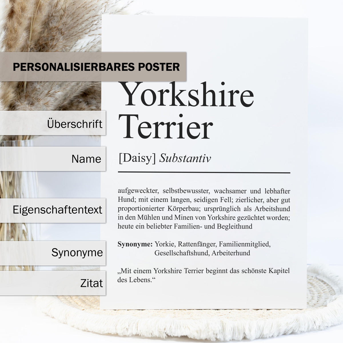 Yorkshire Terrier Definition Poster personalisierbar mit Name Hunde Rasse Poster Geschenk Hundebesitzer Einzug Geburtstag Geschenk