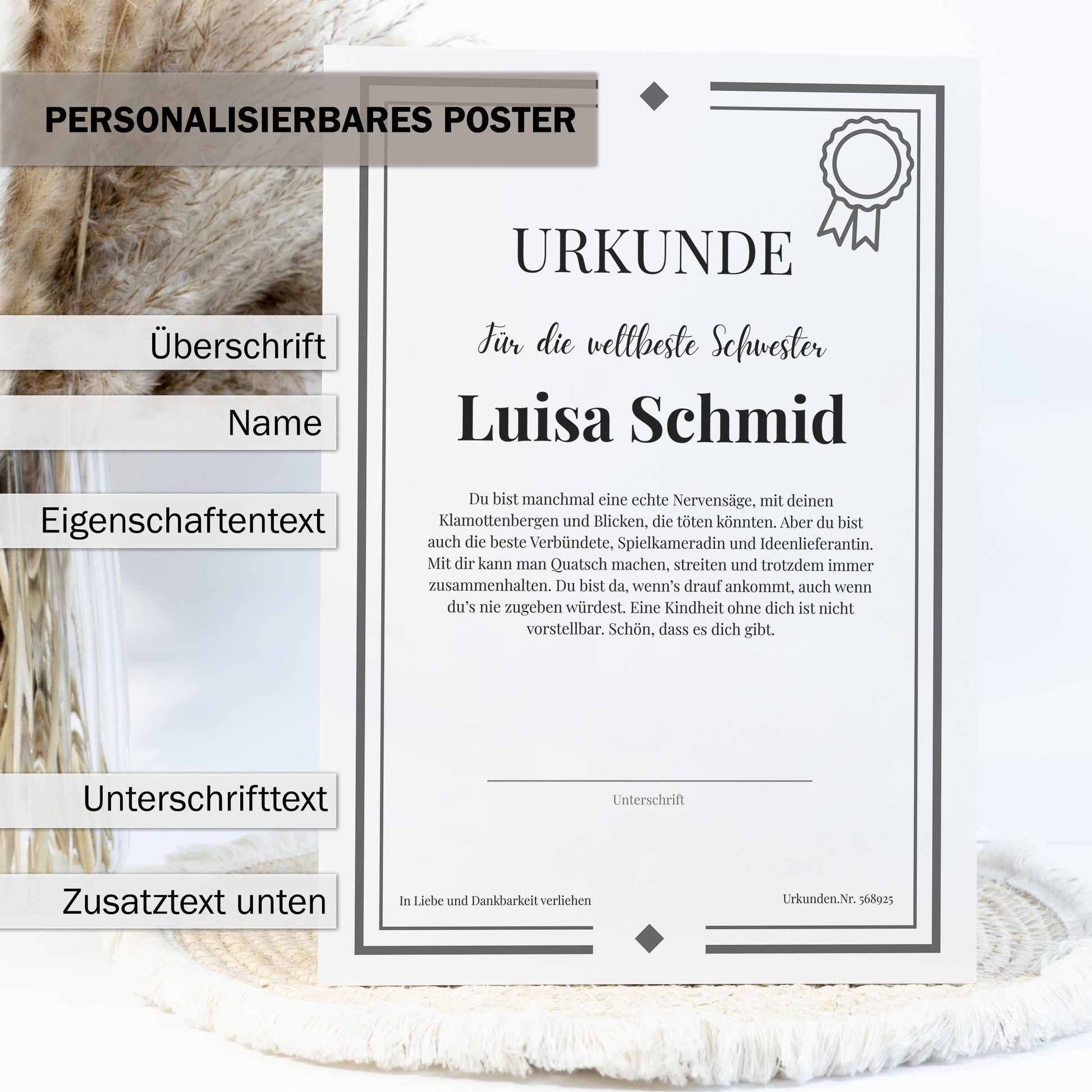Schwester Urkunde Poster, personalisierbar mit Namen + Text, Massivholzrahmen, verschiedene Größen, Einrahmservice, Geschenk Schwester