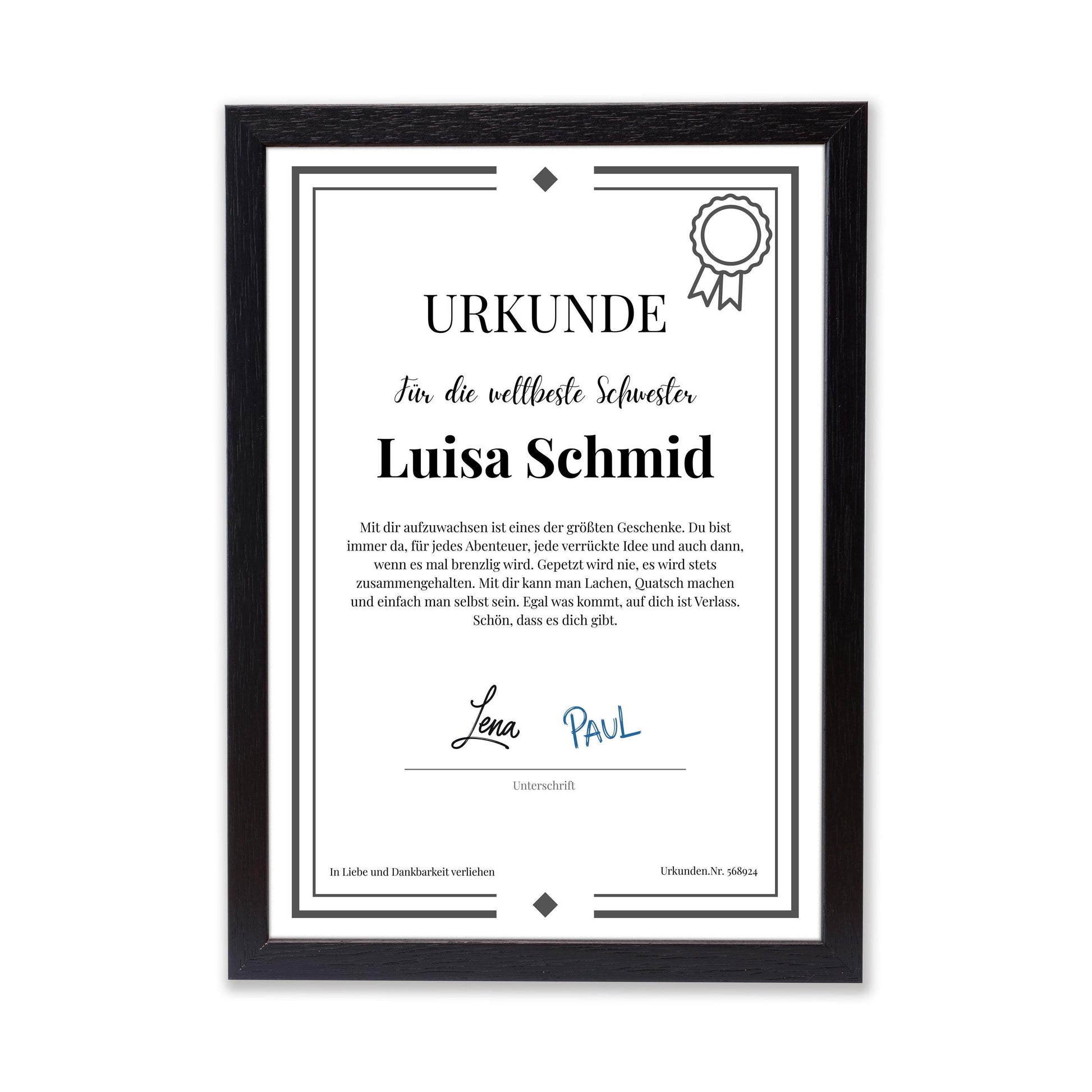 Schwester Urkunde Poster, personalisierbar mit Namen + Text, Massivholzrahmen, verschiedene Größen, Einrahmservice, Geschenk Schwester