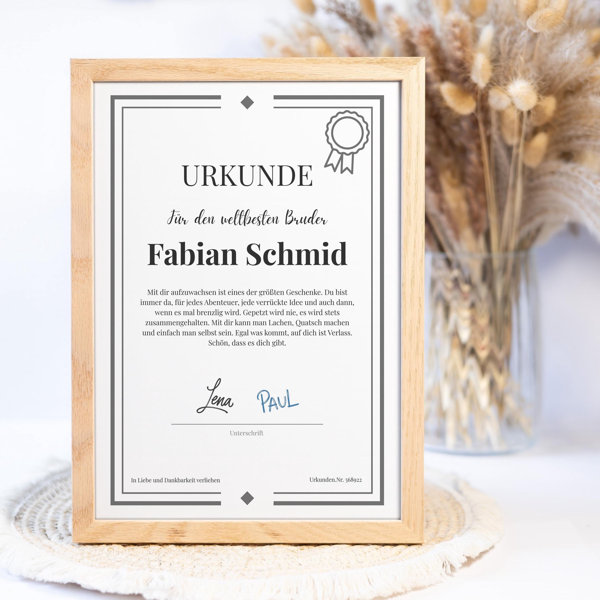 Schwester Urkunde Poster, personalisierbar mit Namen + Text, Massivholzrahmen, verschiedene Größen, Einrahmservice, Geschenk Schwester