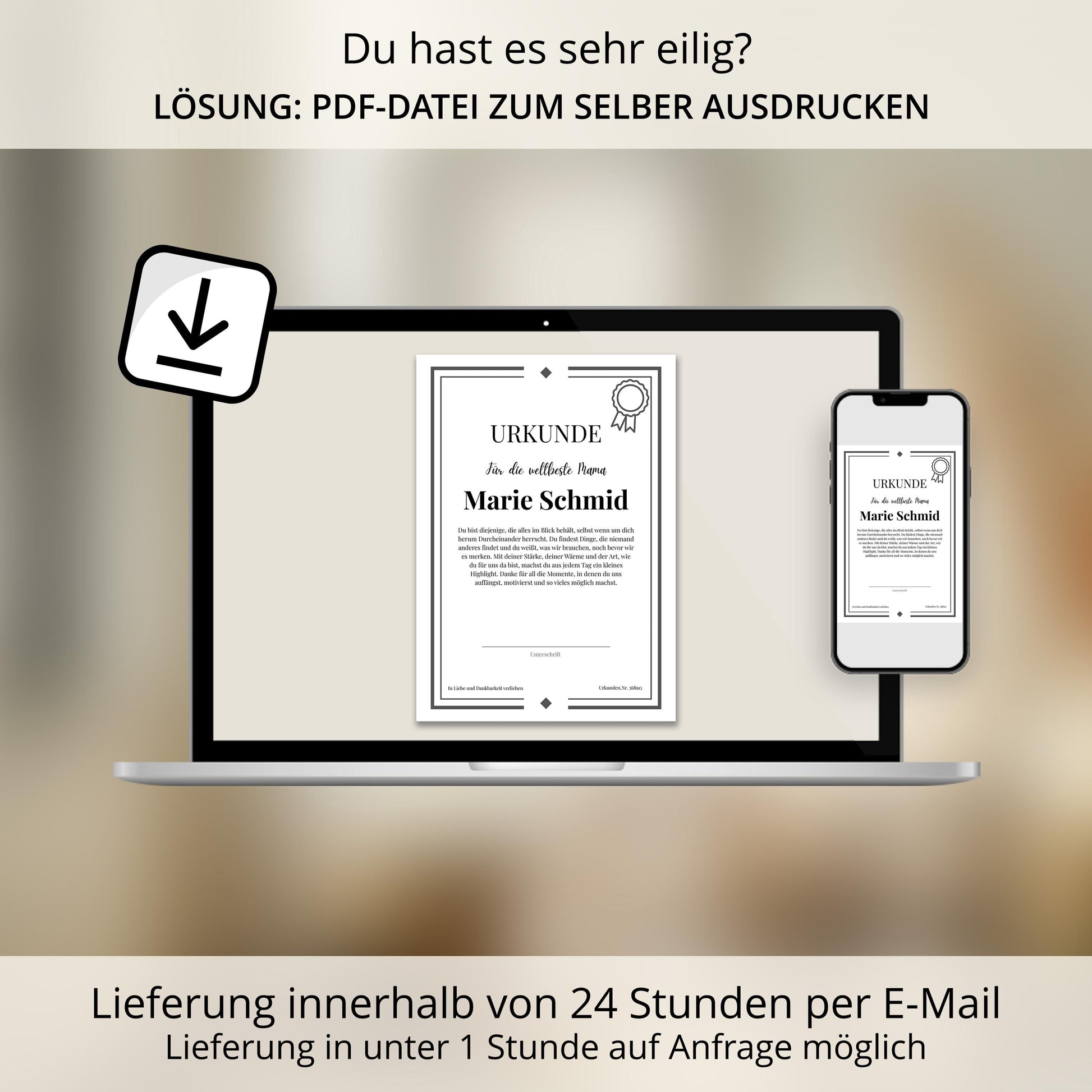 Mama Urkunde Poster, personalisierbar mit Namen + Text, Massivholzrahmen, verschiedene Größen, Einrahmservice, Geschenk Mutter