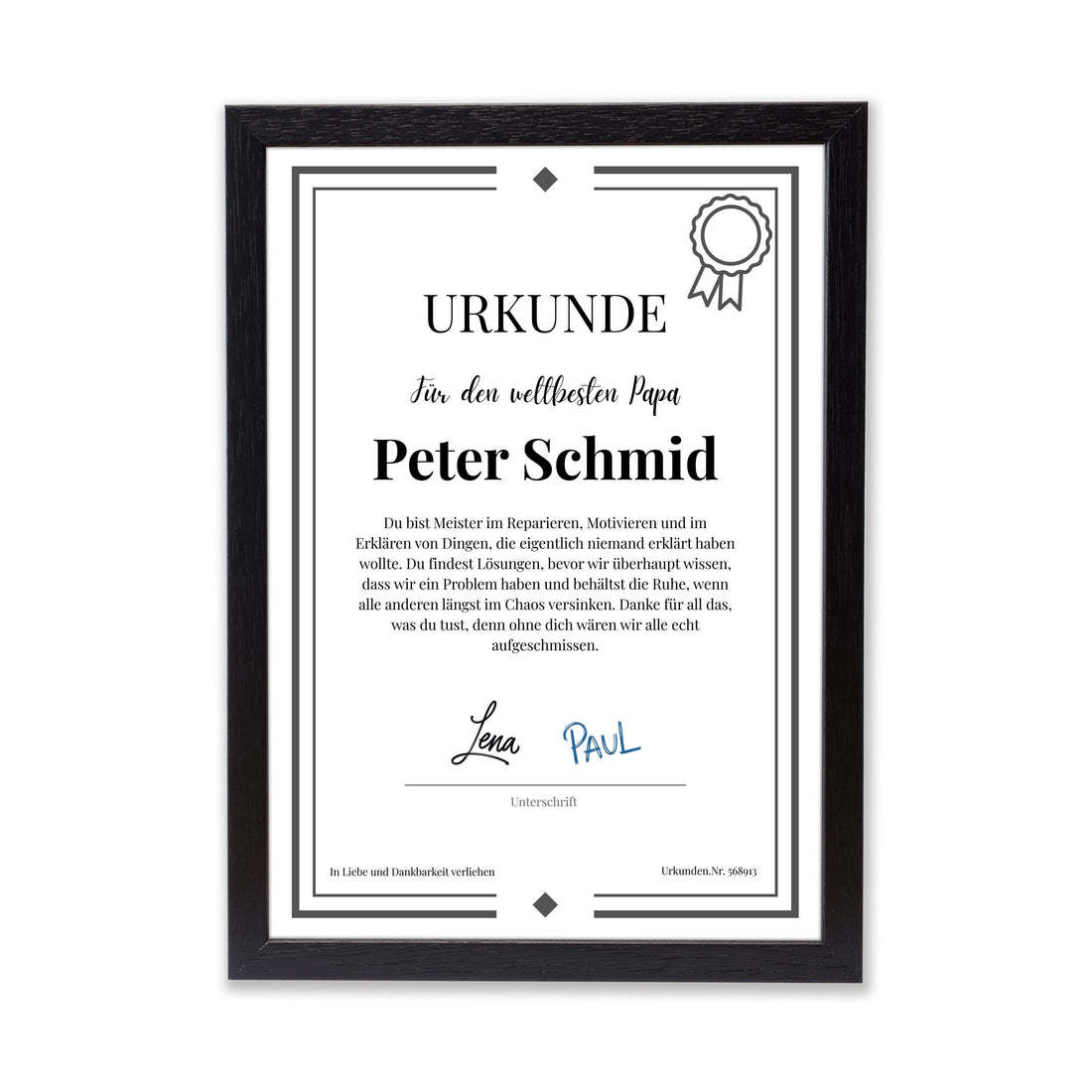 Papa Urkunde Poster, personalisierbar mit Namen + Text, Massivholzrahmen, verschiedene Größen, Einrahmservice, Geschenk Vater