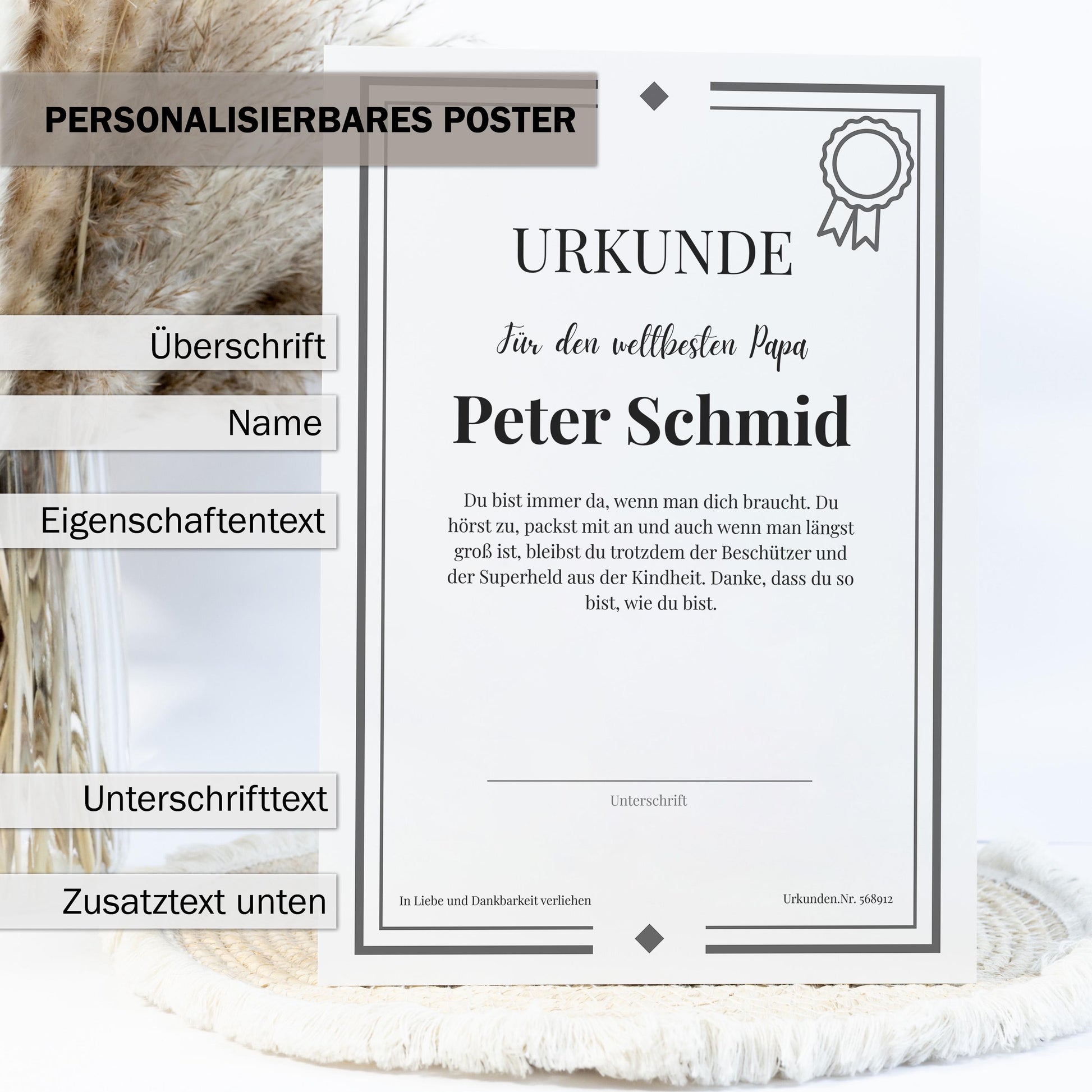 Papa Urkunde Poster, personalisierbar mit Namen + Text, Massivholzrahmen, verschiedene Größen, Einrahmservice, Geschenk Vater