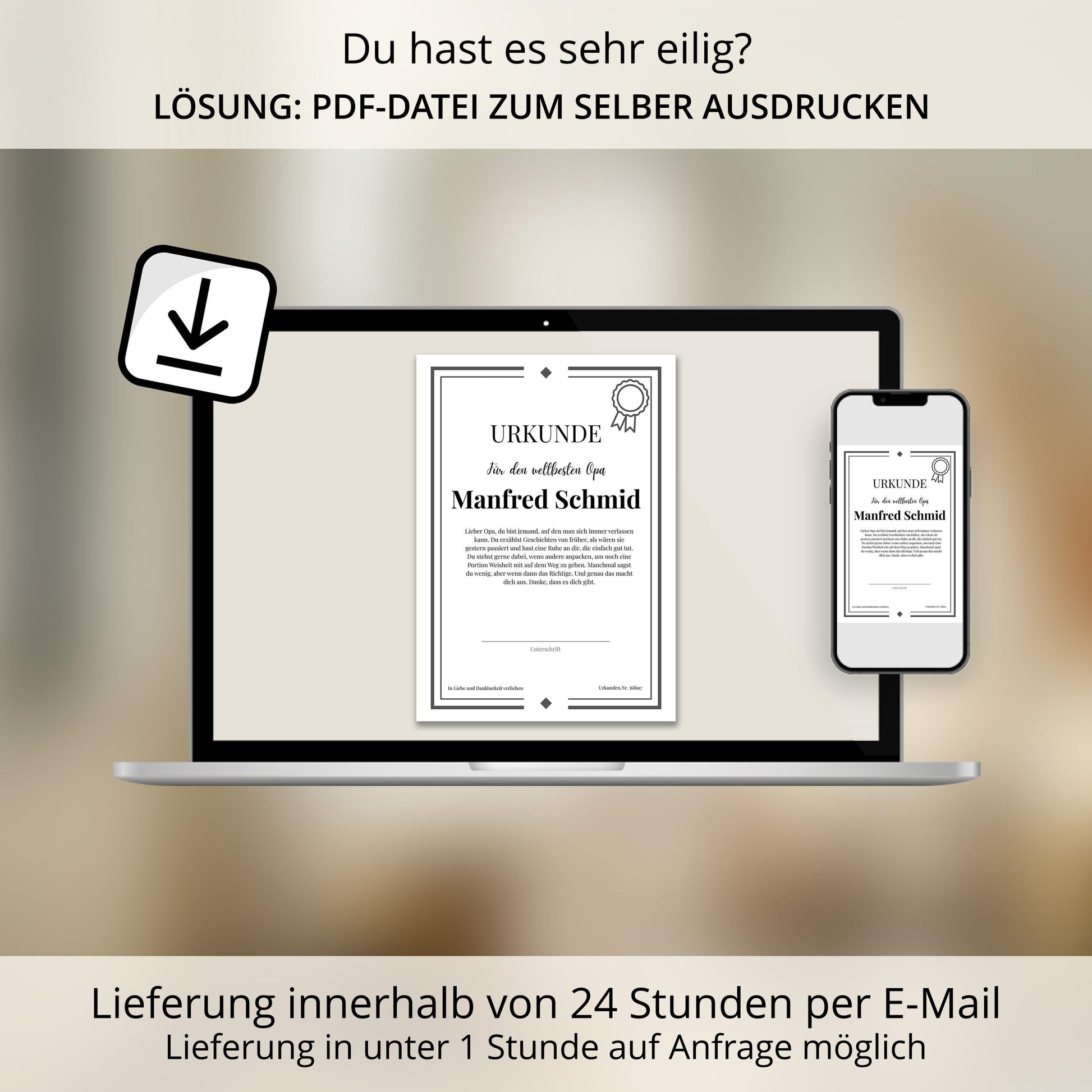 Opa Urkunde Poster, personalisierbar mit Namen + Text, Massivholzrahmen, verschiedene Größen, Einrahmservice, Geschenk Opa