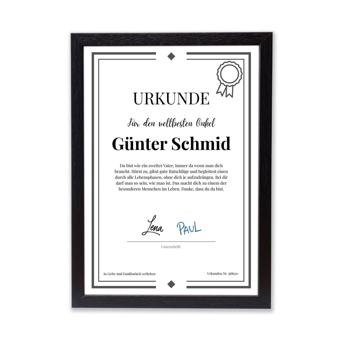 Onkel Urkunde Poster, personalisierbar mit Namen + Text, Massivholzrahmen, verschiedene Größen, Einrahmservice, Geschenk Onkel
