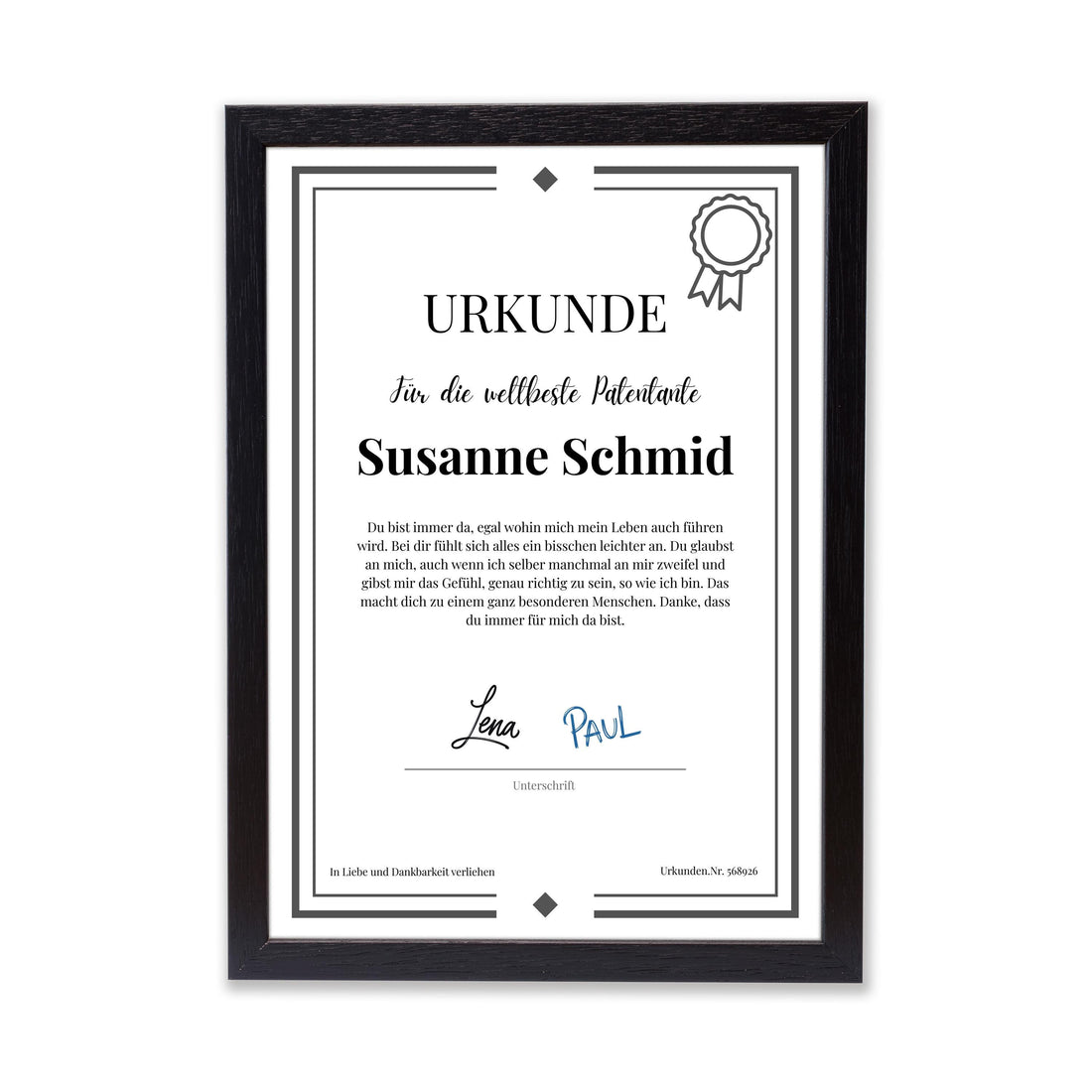 Patentante Urkunde Poster, personalisierbar mit Namen + Text, Massivholzrahmen, verschiedene Größen, Einrahmservice, Geschenk Patentante