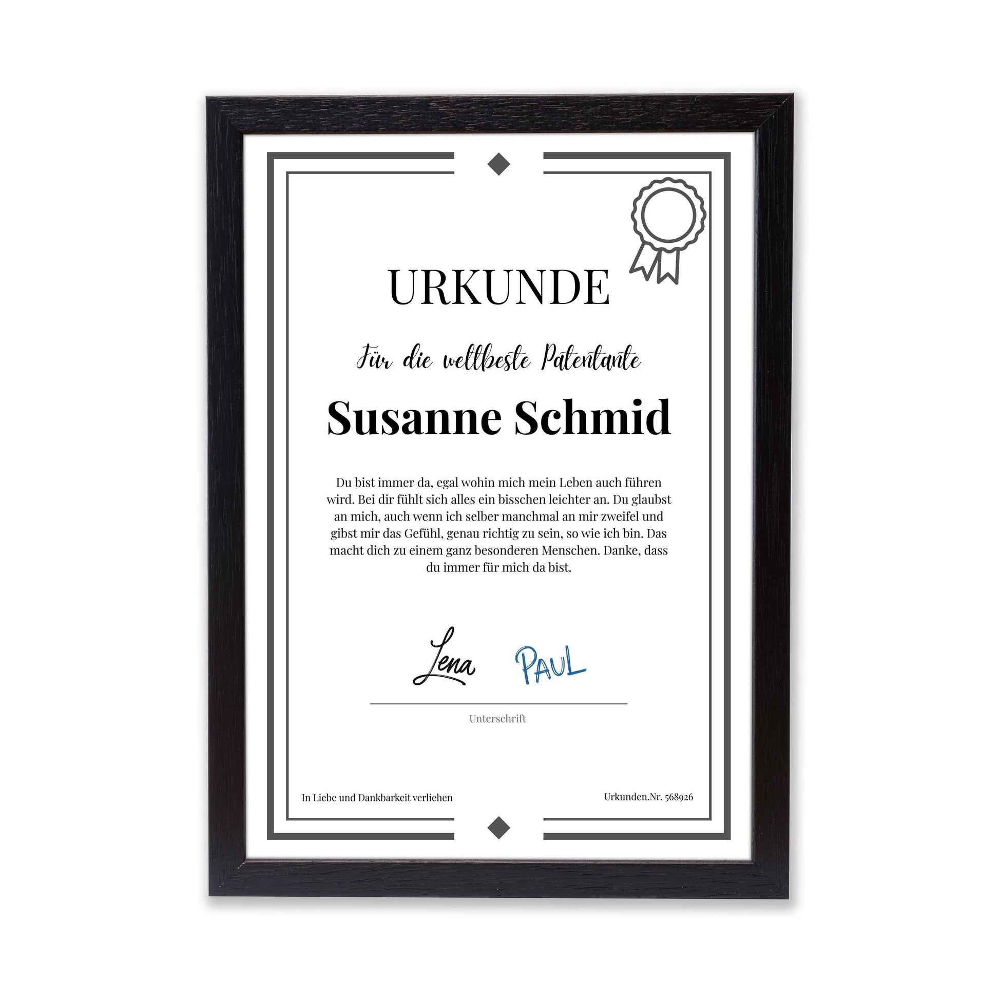 Patentante Urkunde Poster, personalisierbar mit Namen + Text, Massivholzrahmen, verschiedene Größen, Einrahmservice, Geschenk Patentante