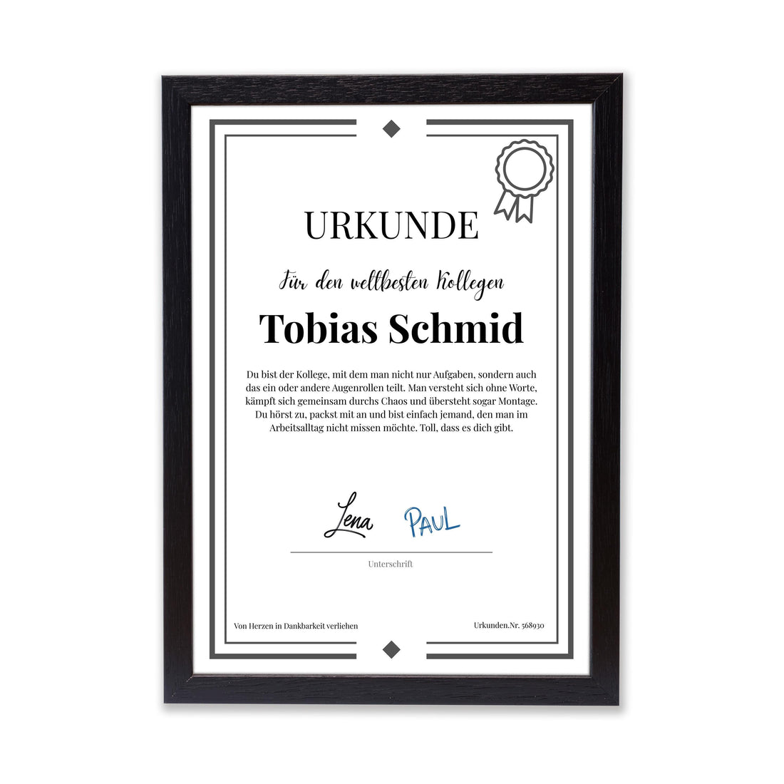 Kollege Urkunde Poster, personalisierbar mit Namen + Text, Massivholzrahmen, verschiedene Größen, Einrahmservice, Geschenk Kollege