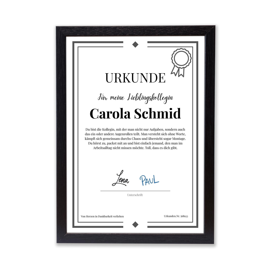 Lieblingskollegin Urkunde Poster personalisierbar mit Namen + Text, Massivholzrahmen, verschiedene Größen, Einrahmservice, Geschenk Kollegin