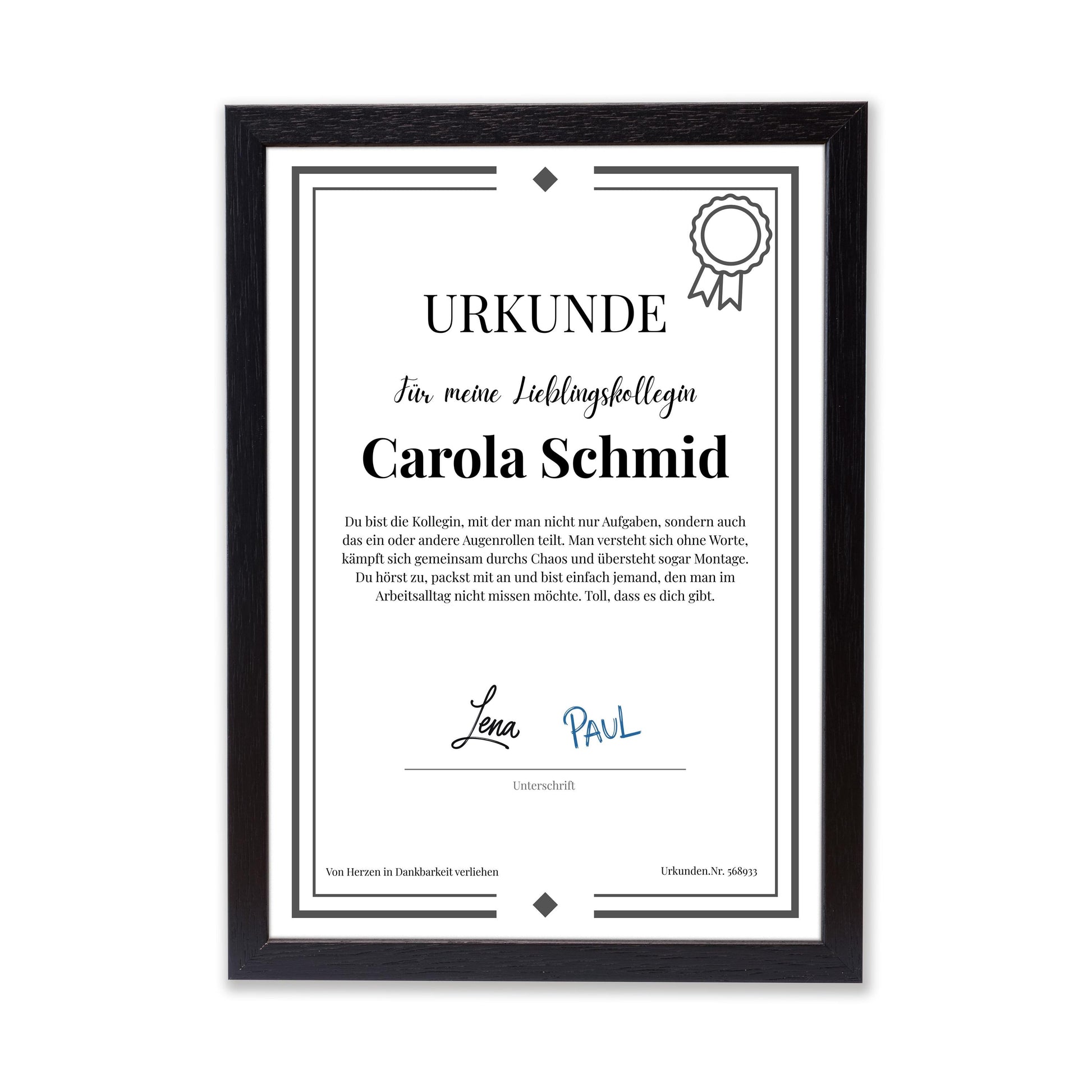 Lieblingskollegin Urkunde Poster personalisierbar mit Namen + Text, Massivholzrahmen, verschiedene Größen, Einrahmservice, Geschenk Kollegin