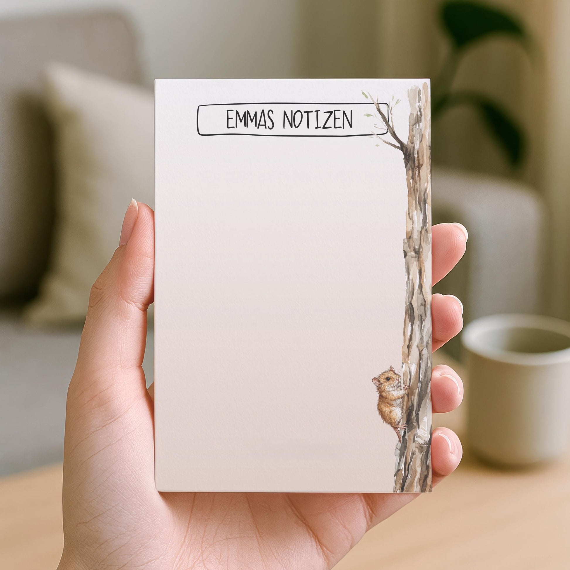Notizblock Baum Maus Design, 10x15 cm, 50 Blatt mit Leimbindung, personalisierbar mit Namen, Handmade