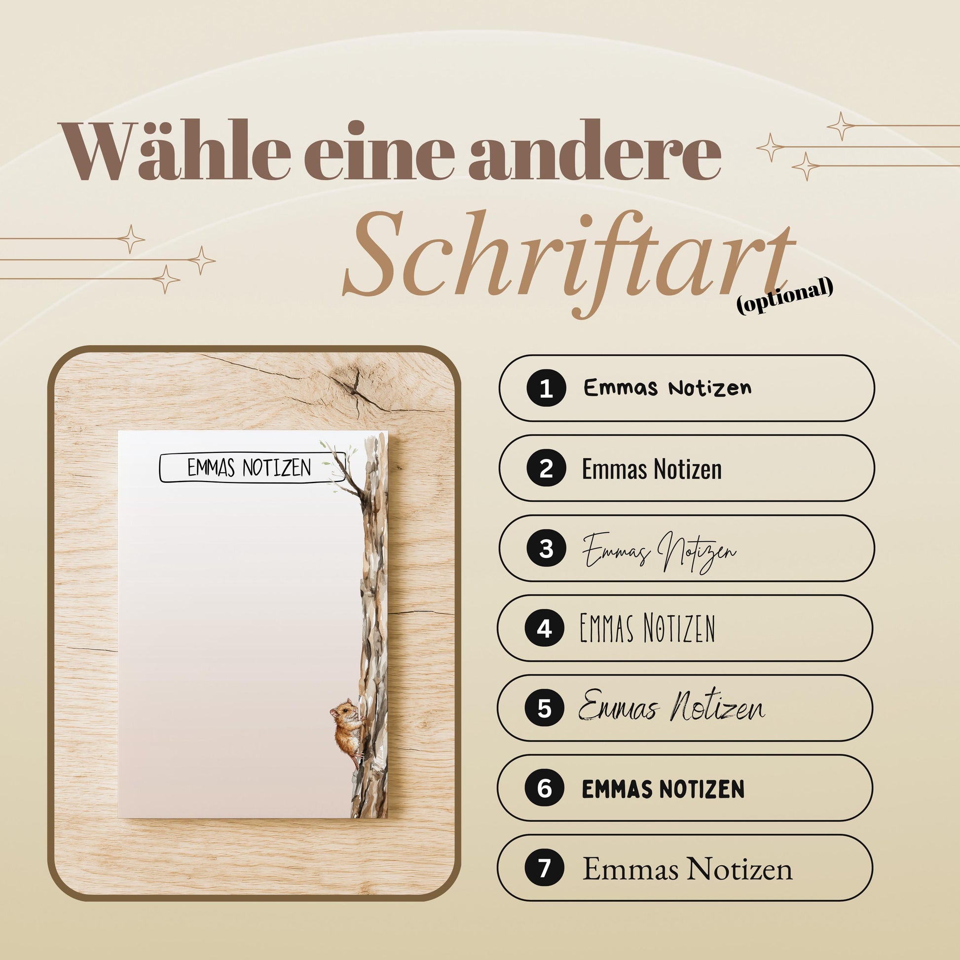 Notizblock Baum Maus Design, 10x15 cm, 50 Blatt mit Leimbindung, personalisierbar mit Namen, Handmade