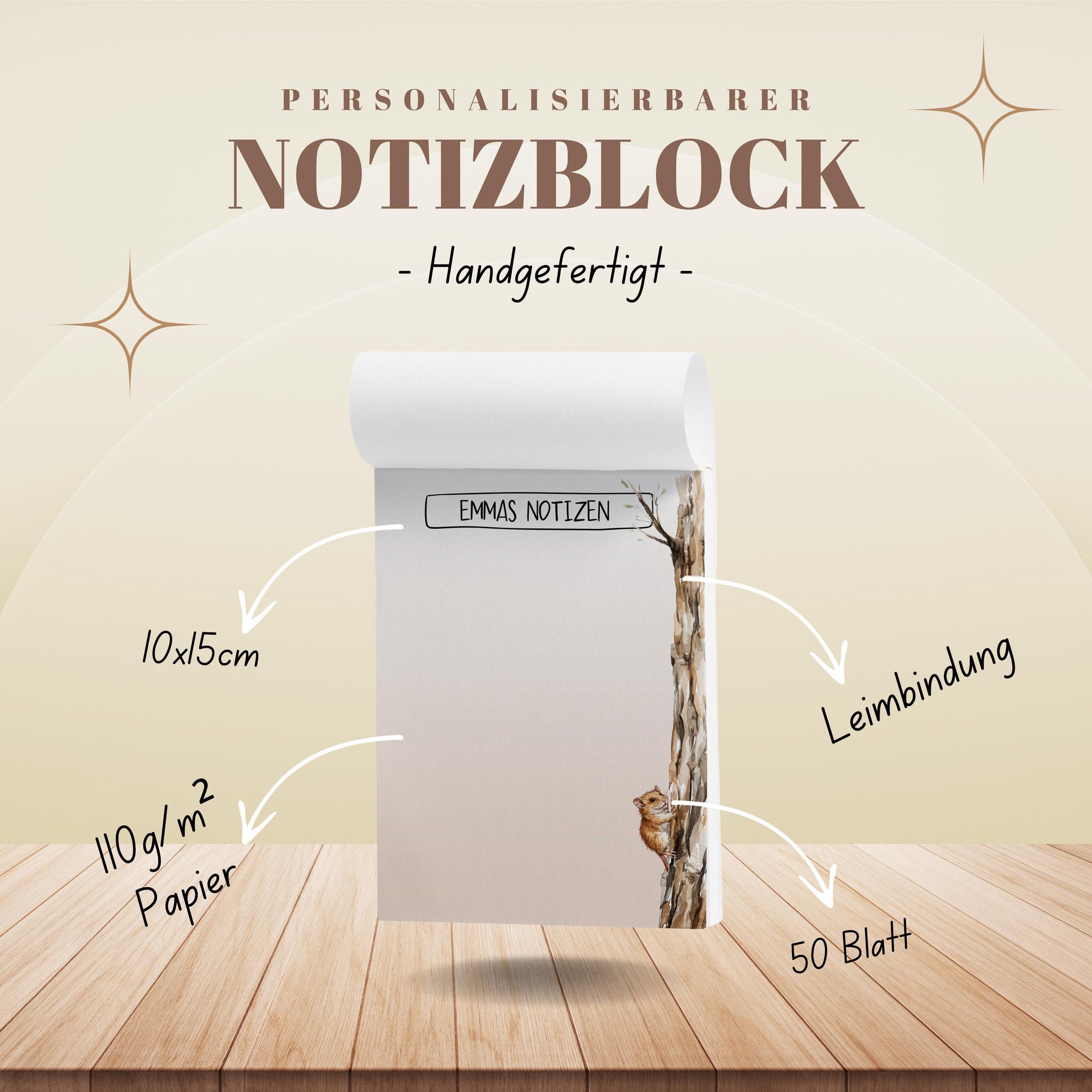 Notizblock Baum Maus Design, 10x15 cm, 50 Blatt mit Leimbindung, personalisierbar mit Namen, Handmade