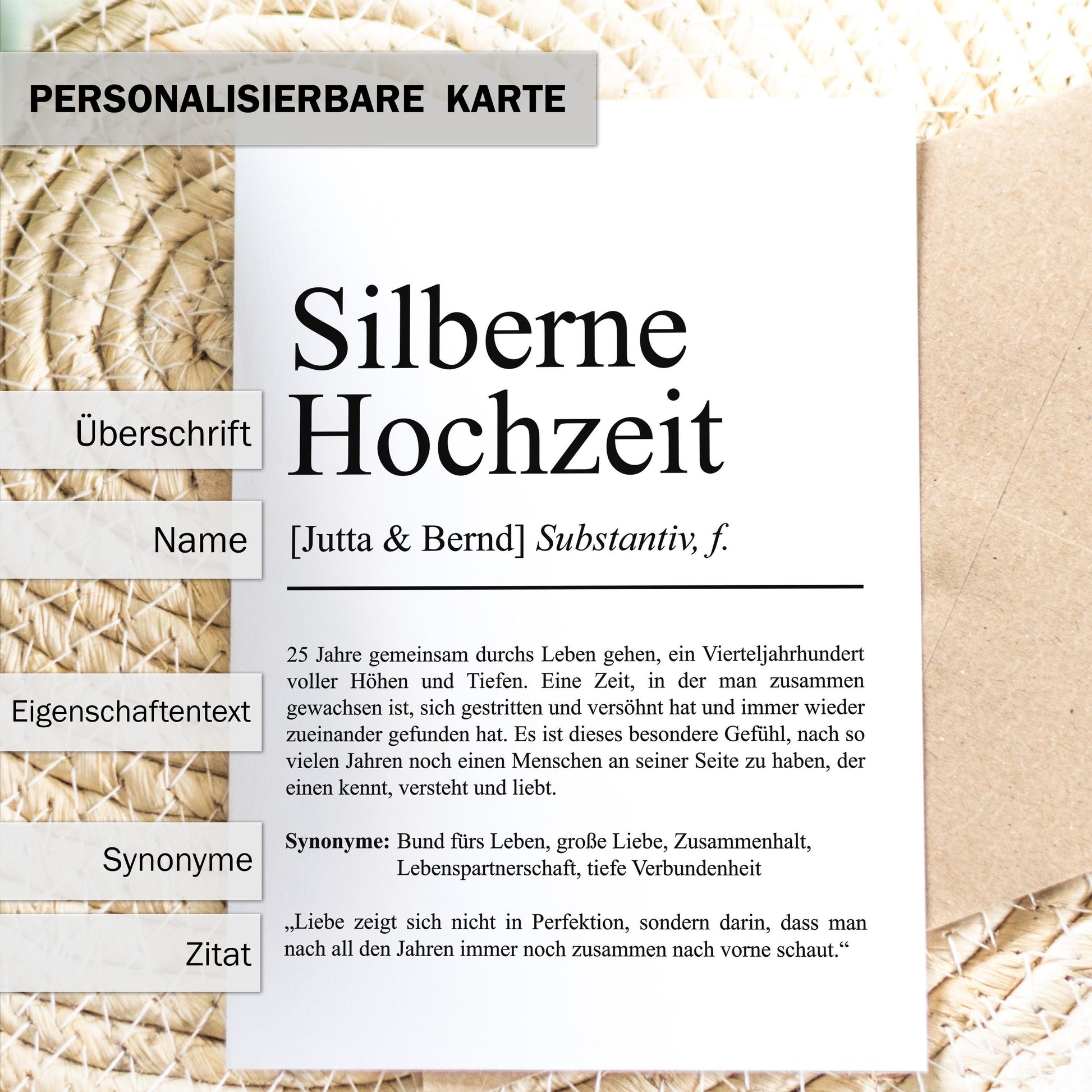 Silbernehochzeit Definition A6 Karte personalisierbar mit Namen Silberhochzeit Grußkarte Geschenk Definition Silberhochzeitsgeschenk