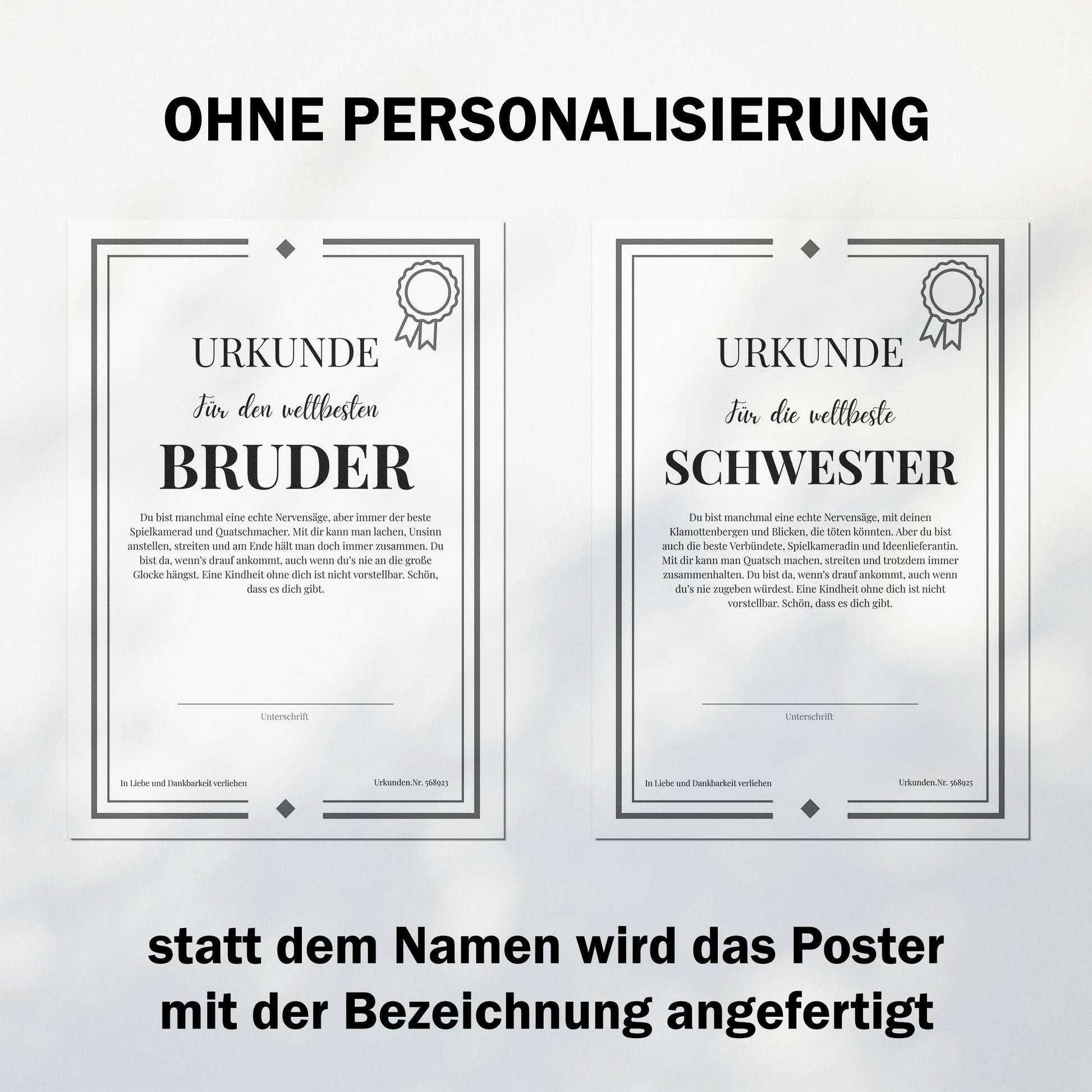 Bruder Urkunde Poster, personalisierbar mit Namen + Text, Massivholzrahmen, verschiedene Größen, Einrahmservice, Geschenk Bruder