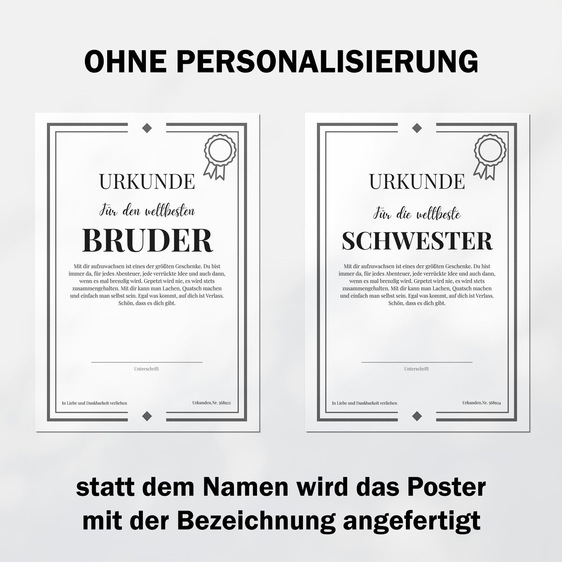Schwester Urkunde Poster, personalisierbar mit Namen + Text, Massivholzrahmen, verschiedene Größen, Einrahmservice, Geschenk Schwester