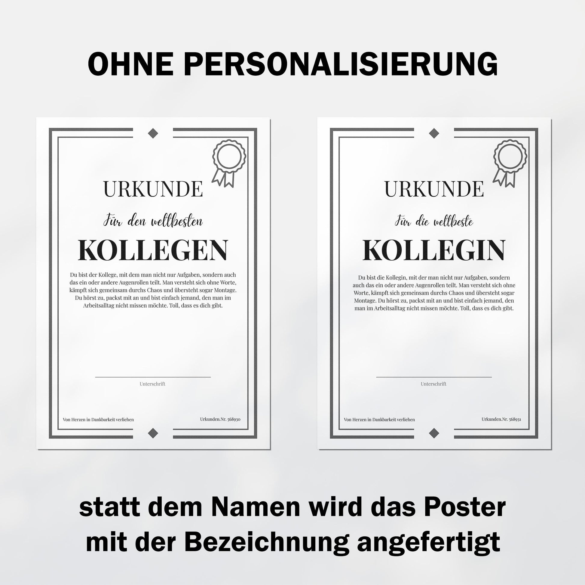 Kollegin Urkunde Poster, personalisierbar mit Namen + Text, Massivholzrahmen, verschiedene Größen, Einrahmservice, Geschenk Kollegin