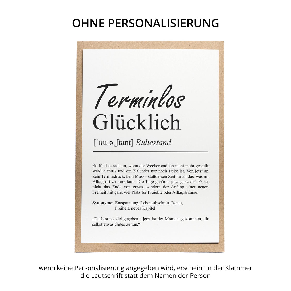 Terminlos Glücklich Definition Karte, A6, personalisierbar mit Namen, Ruhestand Rente Pension, Abschiedgeschenk, Umschlag Kartenhalter