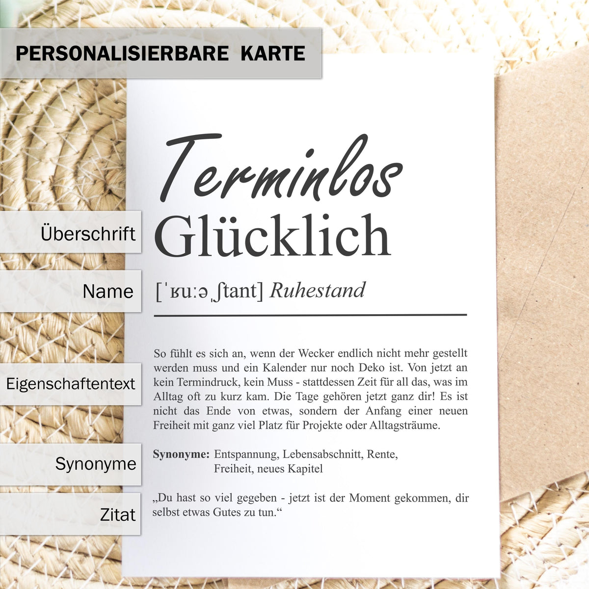 Terminlos Glücklich Definition Karte, A6, personalisierbar mit Namen, Ruhestand Rente Pension, Abschiedgeschenk, Umschlag Kartenhalter