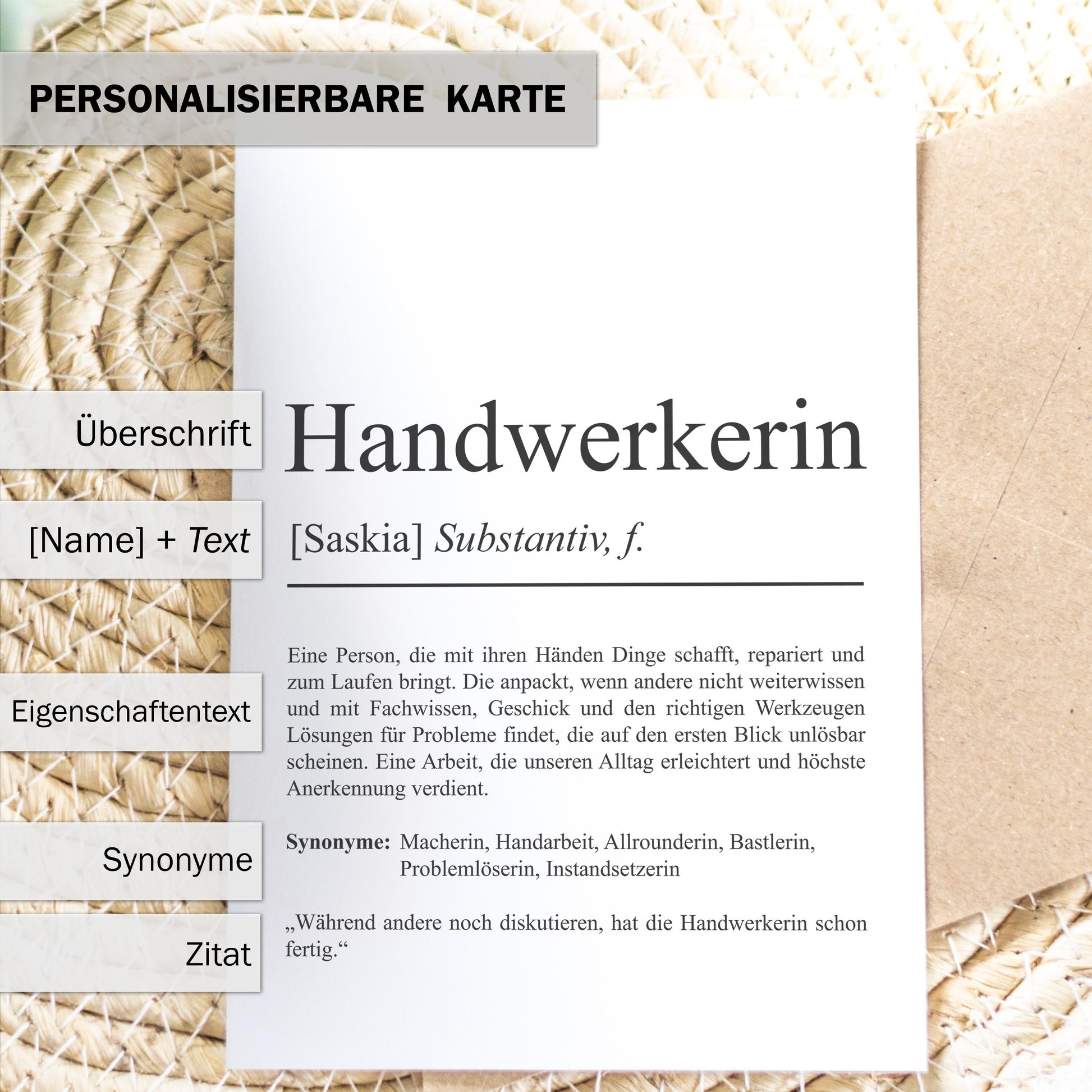 Handwerkerin Definition A6 Karte personalisierbar mit Namen Beruf Handwerkerin Geschenk Geburtstag Grußkarte Klappkarte Umschlag