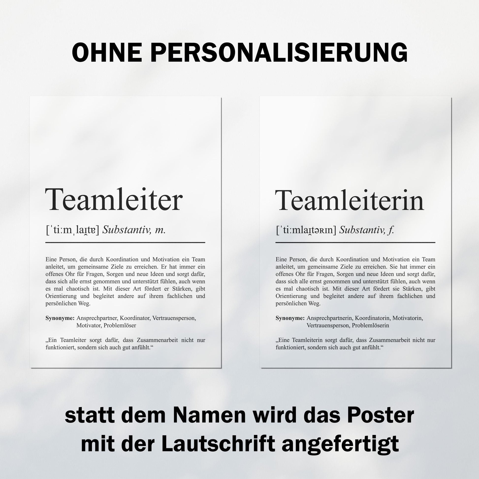 Teamleiterin Definition Poster personalisierbar mit Namen Beruf Poster Geschenk Teamleiterin Poster wahlweise mit Rahmen
