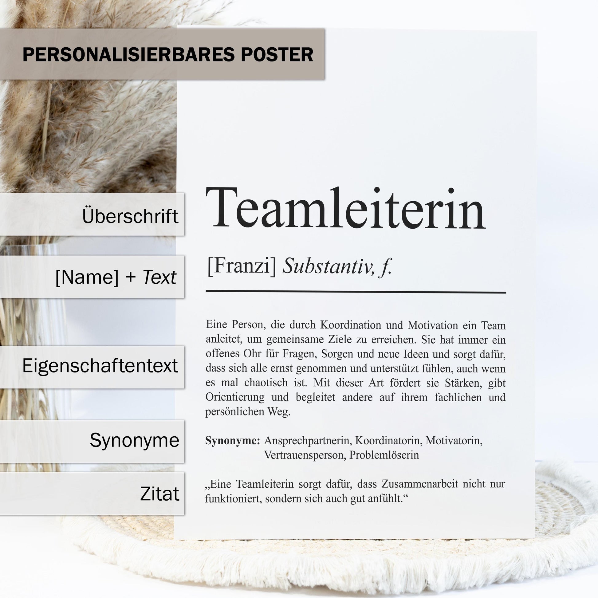 Teamleiterin Definition Poster personalisierbar mit Namen Beruf Poster Geschenk Teamleiterin Poster wahlweise mit Rahmen
