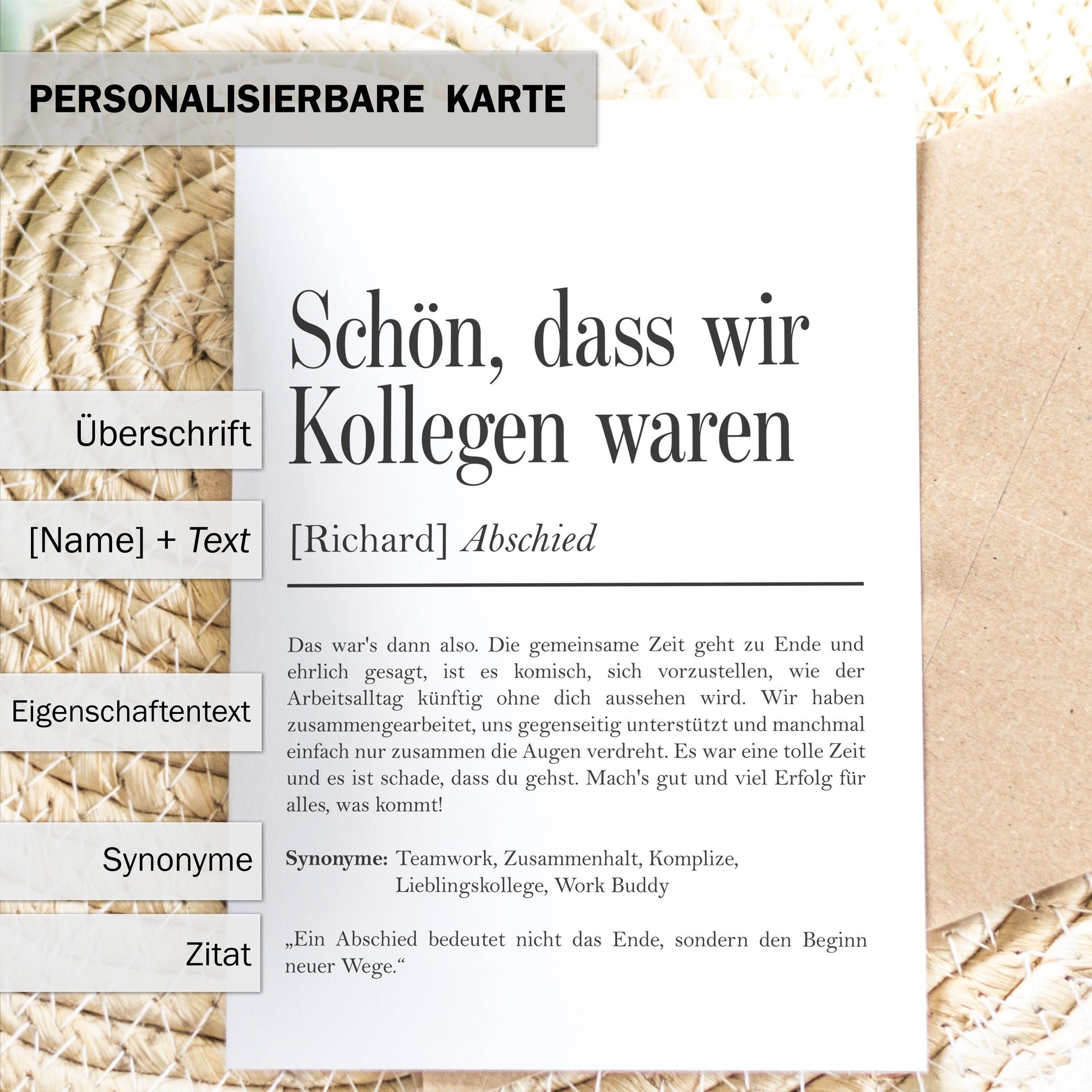 Abschied Kollege Definition A6 Karte personalisierbar mit Namen Beruf Grußkarte Klappkarte mit Umschlag Kartenhalter Kollegin Verabschieden
